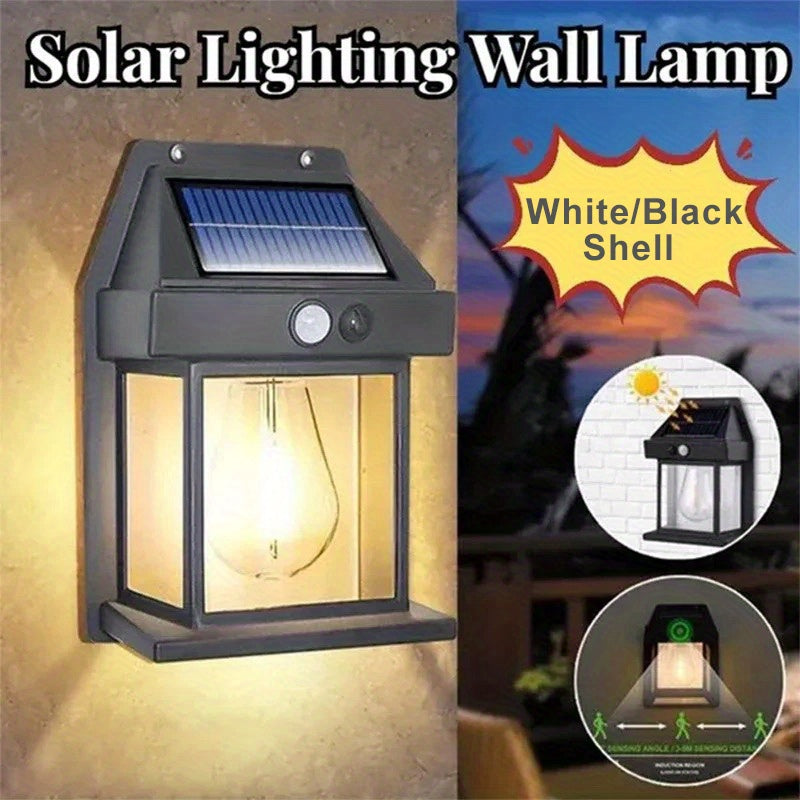 Solar Wall Lamp with Motion Sensor Tungsten Filament 6-12H Battery Yard Garden Patio Black or White