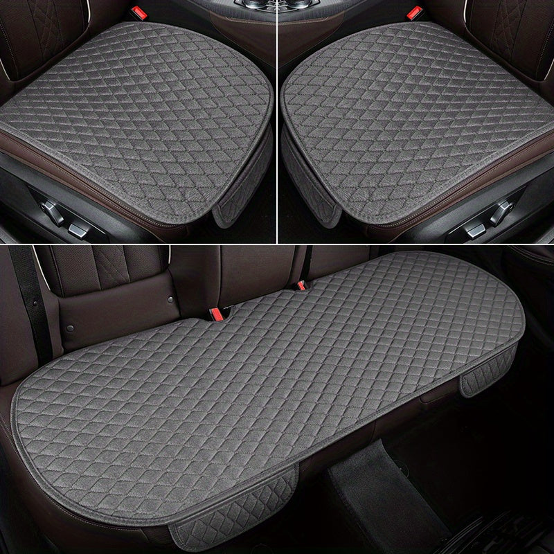 Set of 3 Linen Car Seat Cushions Breathable Comfortable All Seasons Small Rhombus Pattern