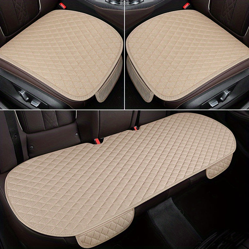 Set of 3 Linen Car Seat Cushions Breathable Comfortable All Seasons Small Rhombus Pattern