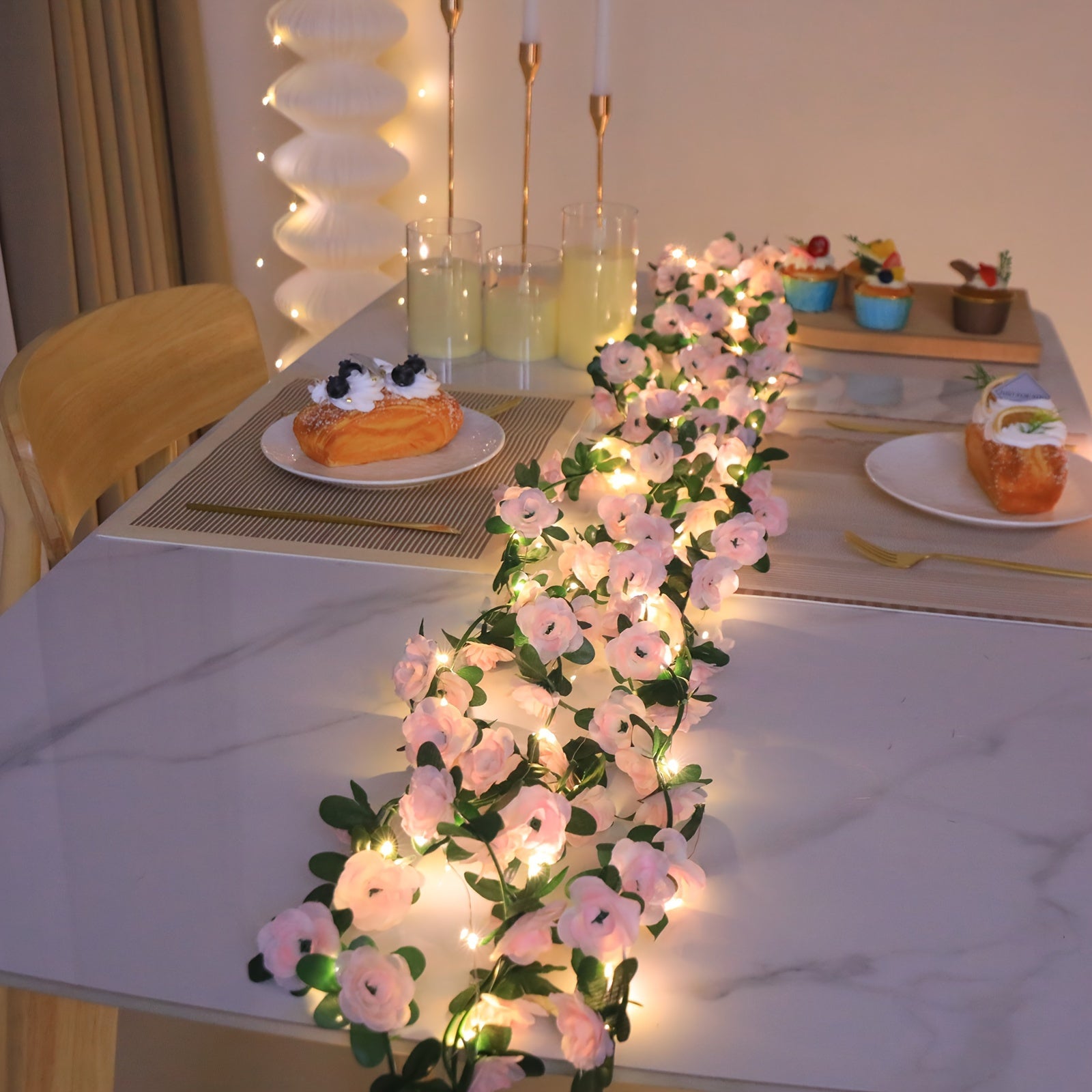 Enredadera de rosas rosas con luces LED decorativas para bodas, cumpleaños y San Valentín