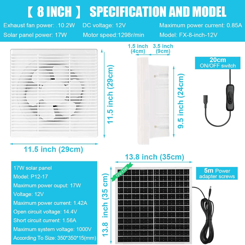 Вентилятор с солнечной батареей 20 Вт, высота 20,32 см, высокоскоростная вентиляция для теплицы, сарая, фермы