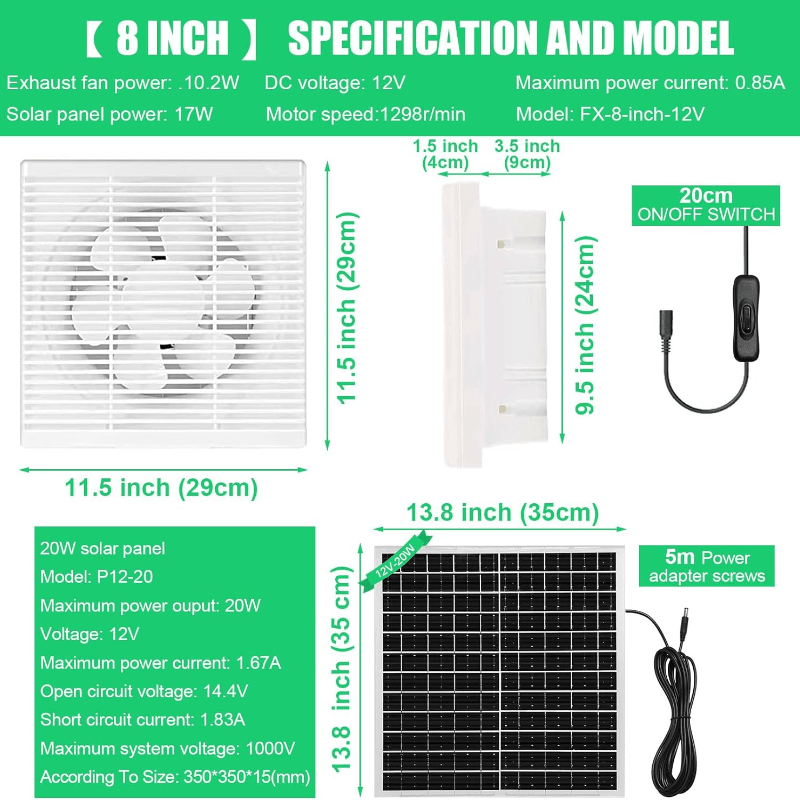 Вентилятор с солнечной батареей 20 Вт, высота 20,32 см, высокоскоростная вентиляция для теплицы, сарая, фермы