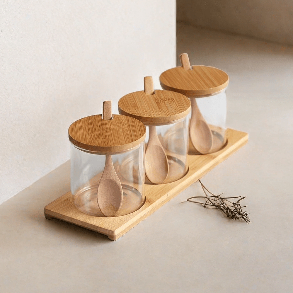 Set of 3 Kitchen Spice Jars with Lids Salt Pepper Monosodium Glutamate Storage Box