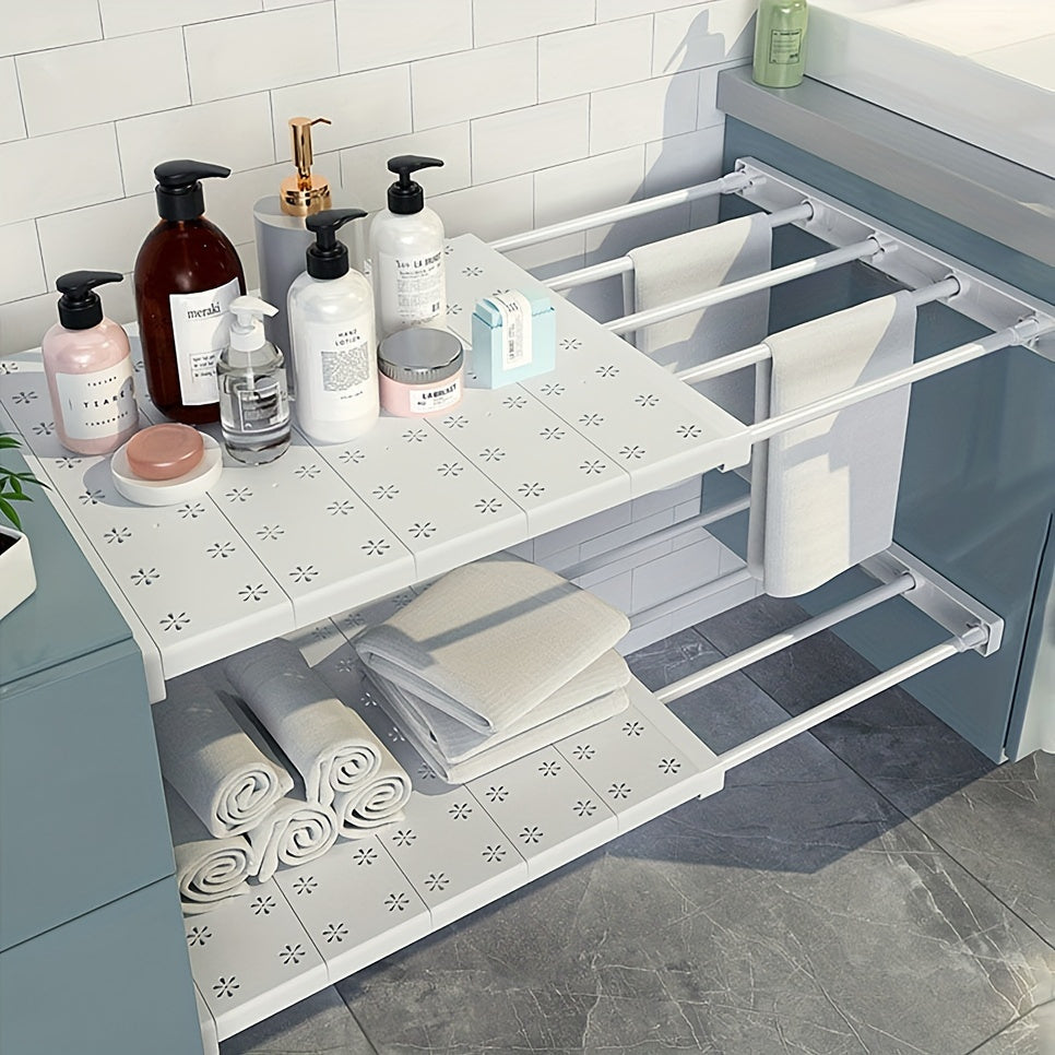 Регулируемая телескопическая кухонная полка - экономьте место с помощью этого настенного стеллажа для организации шкафов и гардеробов, изготовленного из прочного пластика и идеально подходящего для хранения специй и кухонной утвари.