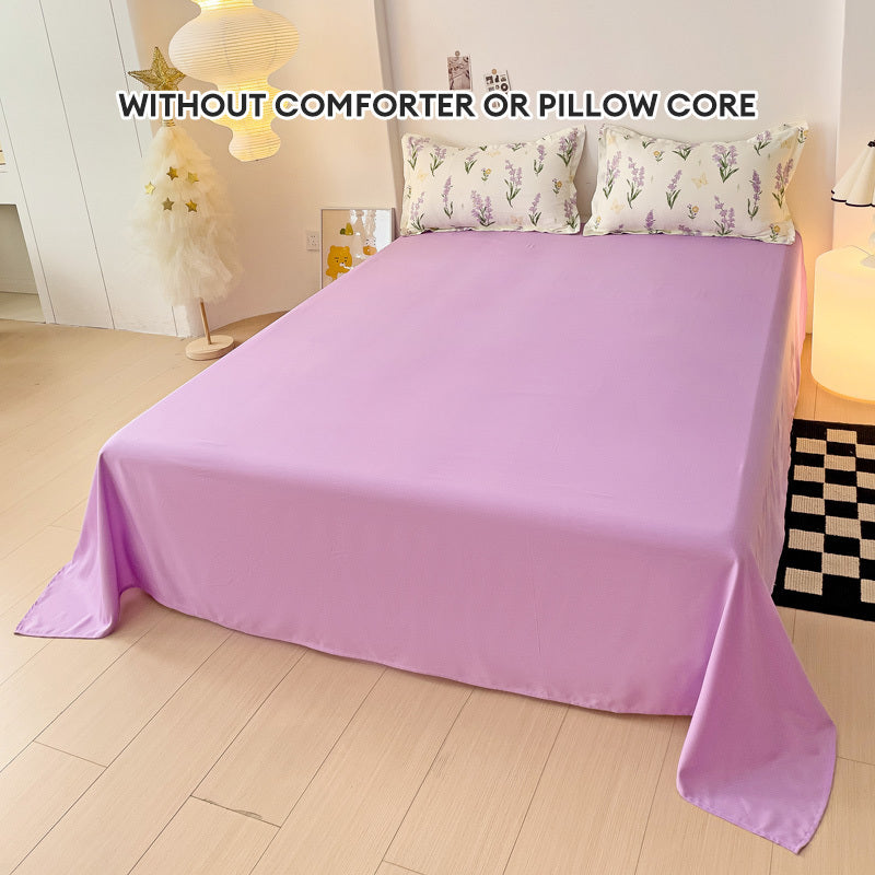 Lavender Floral Princess Style Duvet Cover Set with Flat Sheet and Pillowcases