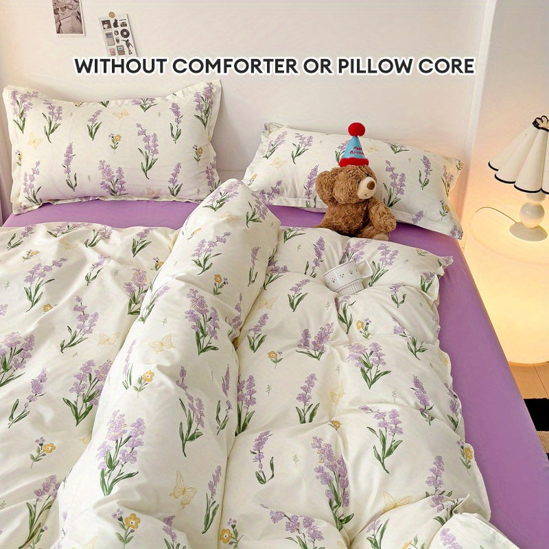 Lavender Floral Princess Style Duvet Cover Set with Flat Sheet and Pillowcases