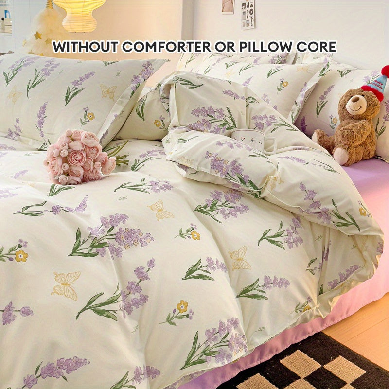 Lavender Floral Princess Style Duvet Cover Set with Flat Sheet and Pillowcases