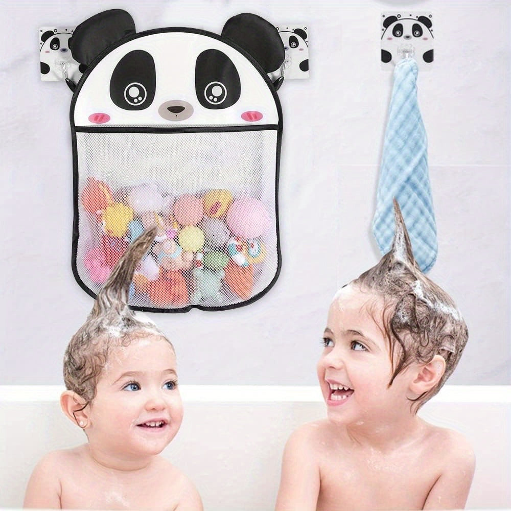 Cute Panda Bath Toy Organizer Mesh Bag with Hooks Water-Resistant and Durable
