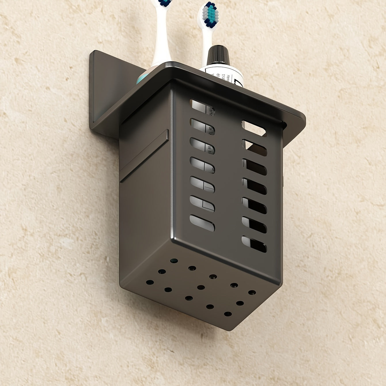 Black Wall-Mounted Toothbrush Holder with Compartments for Toothbrushes and Toothpaste