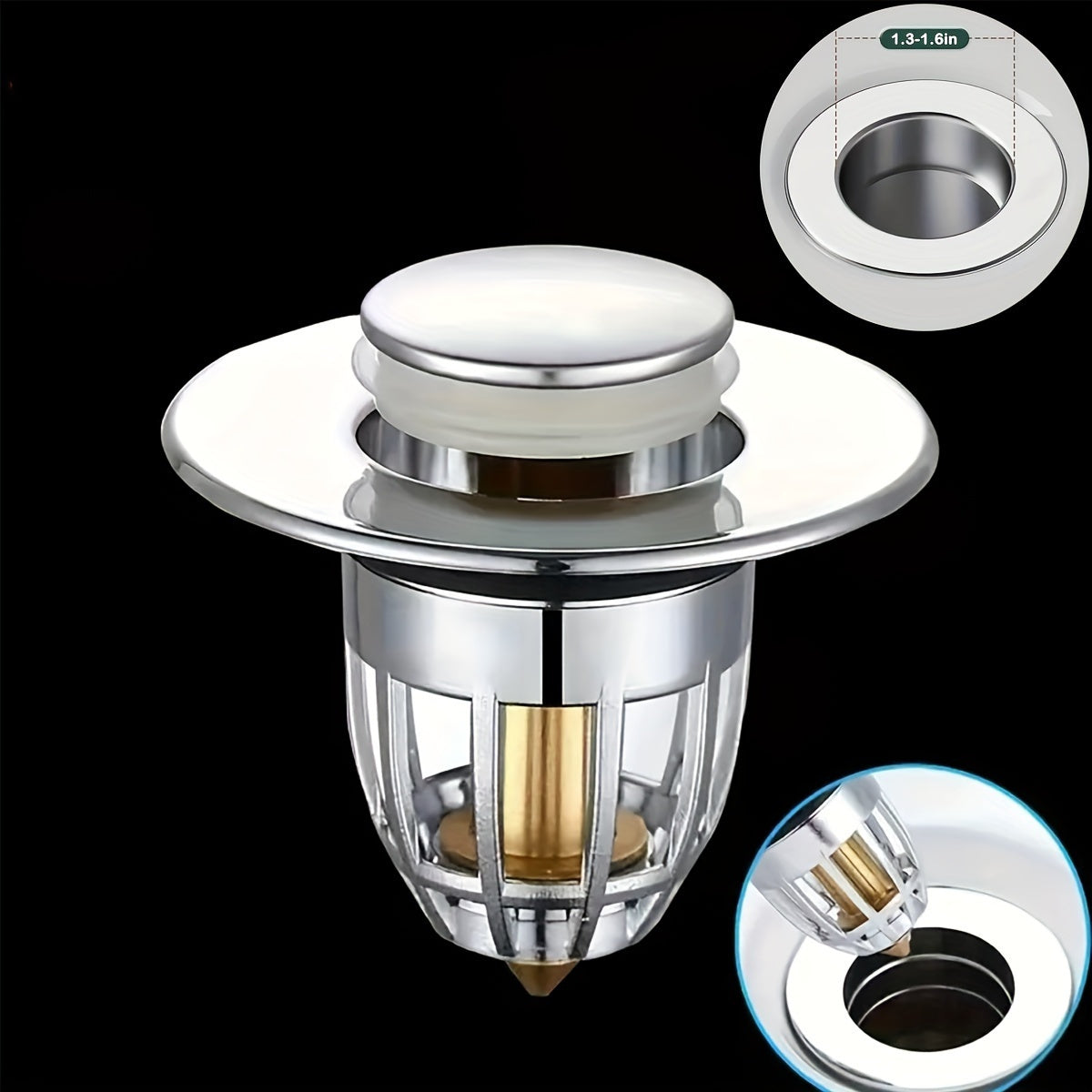 Suv to'kadigan joylar va hammomlar uchun press-turi drenaj to'sig'i, tozalangan mis yadro bilan tayyorlangan va hidlarni oldini olish uchun soch tutgichga ega.