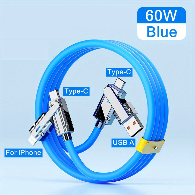 60W 4-in-1 USB Fast Charging Cable for iPhone Samsung Xiaomi Huawei Tablets