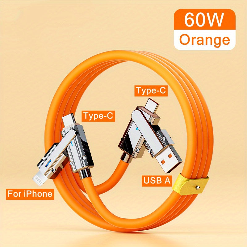60W 4-in-1 USB Fast Charging Cable for iPhone Samsung Xiaomi Huawei Tablets