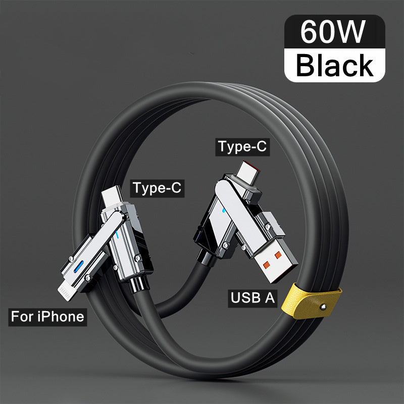 60W 4-in-1 USB Fast Charging Cable for iPhone Samsung Xiaomi Huawei Tablets