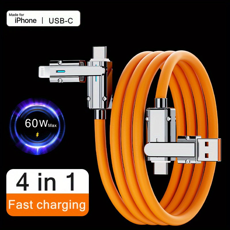 60W 4-in-1 USB Fast Charging Cable for iPhone Samsung Xiaomi Huawei Tablets