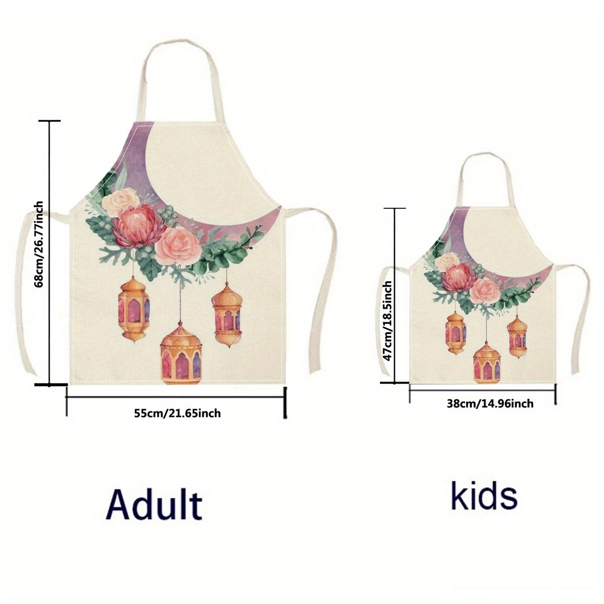 Ramadan Kareem Linen Apron with Moon and Lantern Print Reusable Kitchen Bakery Restaurant Use