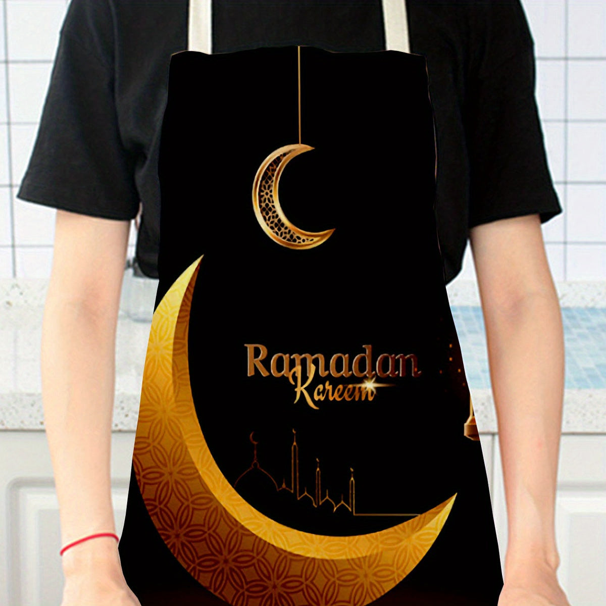Ramadan Kareem Linen Apron with Moon and Lantern Print Reusable Kitchen Bakery Restaurant Use