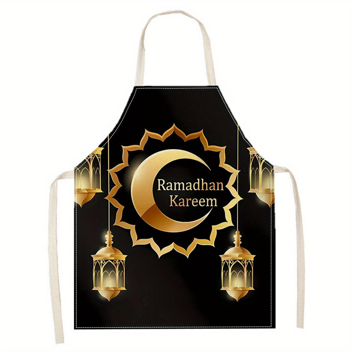 Ramadan Kareem Linen Apron with Moon and Lantern Print Reusable Kitchen Bakery Restaurant Use