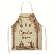 Ramadan Kareem Linen Apron with Moon and Lantern Print Reusable Kitchen Bakery Restaurant Use