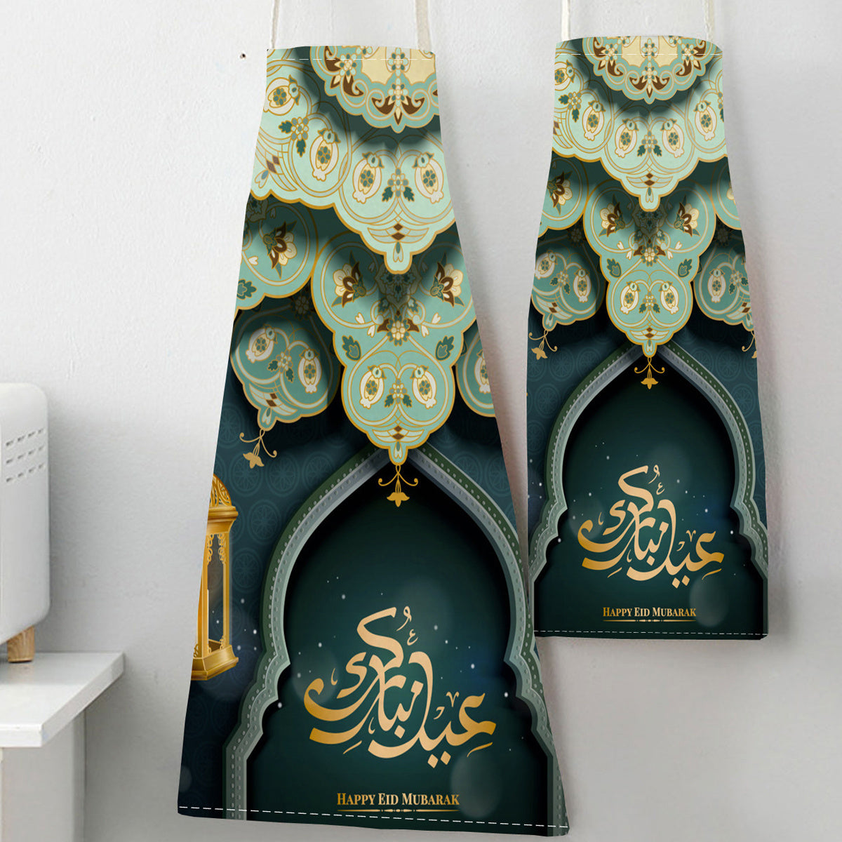 Ramadan Kareem Linen Apron with Moon and Lantern Print Reusable Kitchen Bakery Restaurant Use