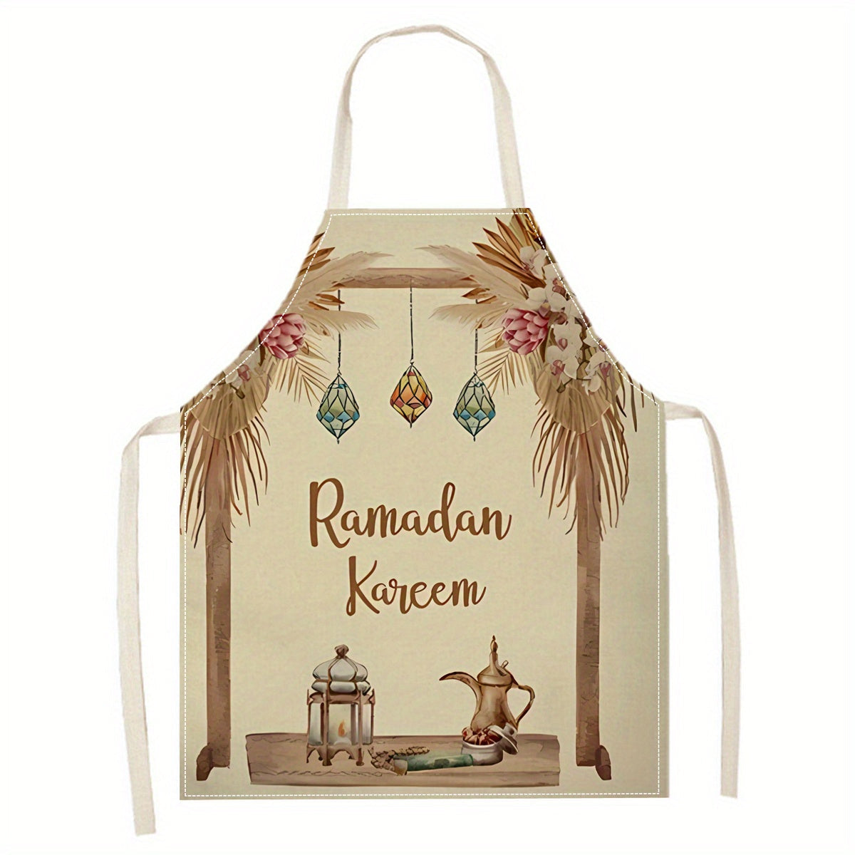 Ramadan Kareem Linen Apron with Moon and Lantern Print Reusable Kitchen Bakery Restaurant Use