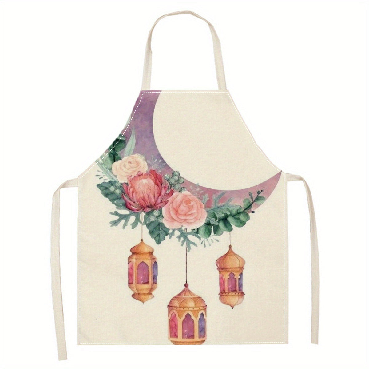 Ramadan Kareem Linen Apron with Moon and Lantern Print Reusable Kitchen Bakery Restaurant Use
