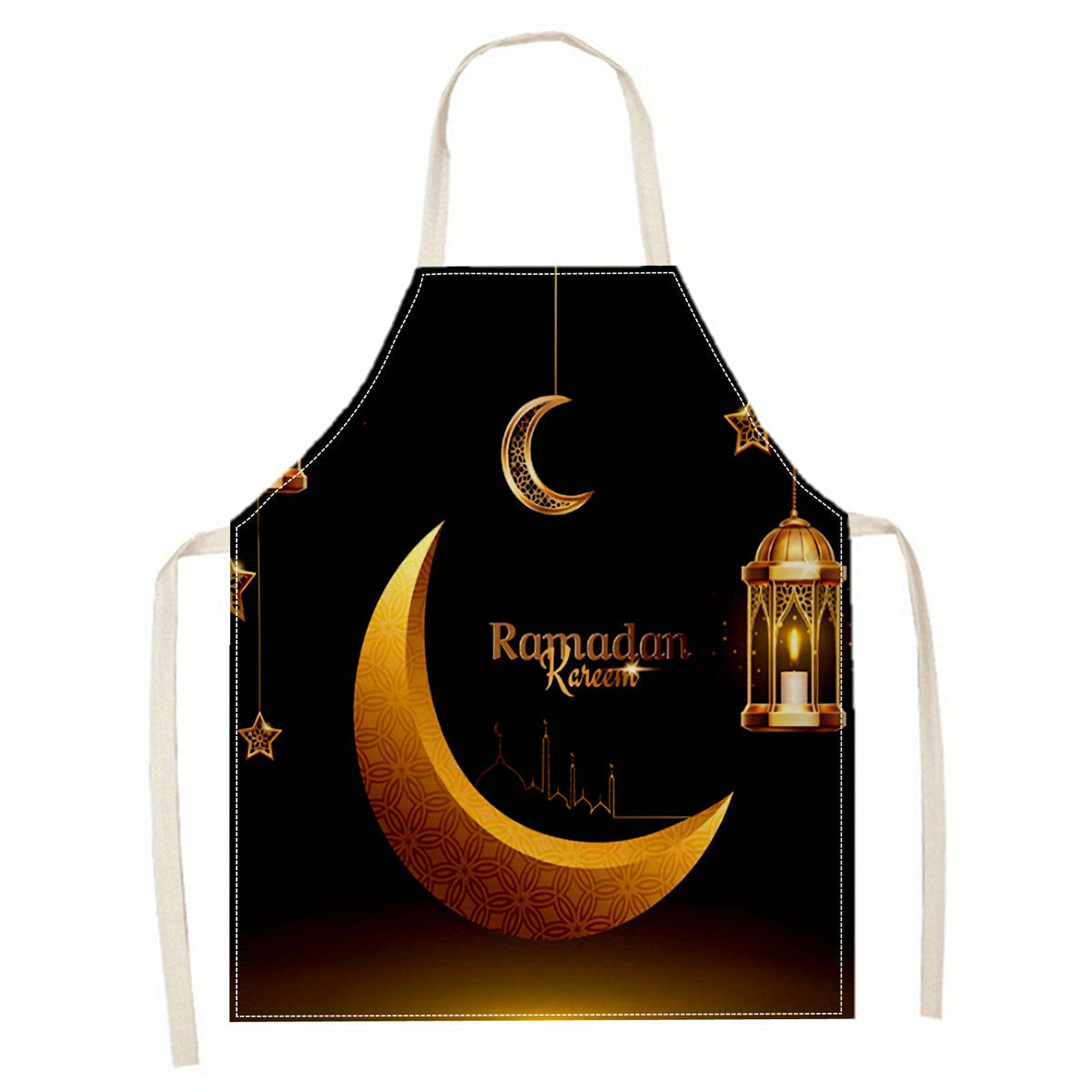 Ramadan Kareem Linen Apron with Moon and Lantern Print Reusable Kitchen Bakery Restaurant Use