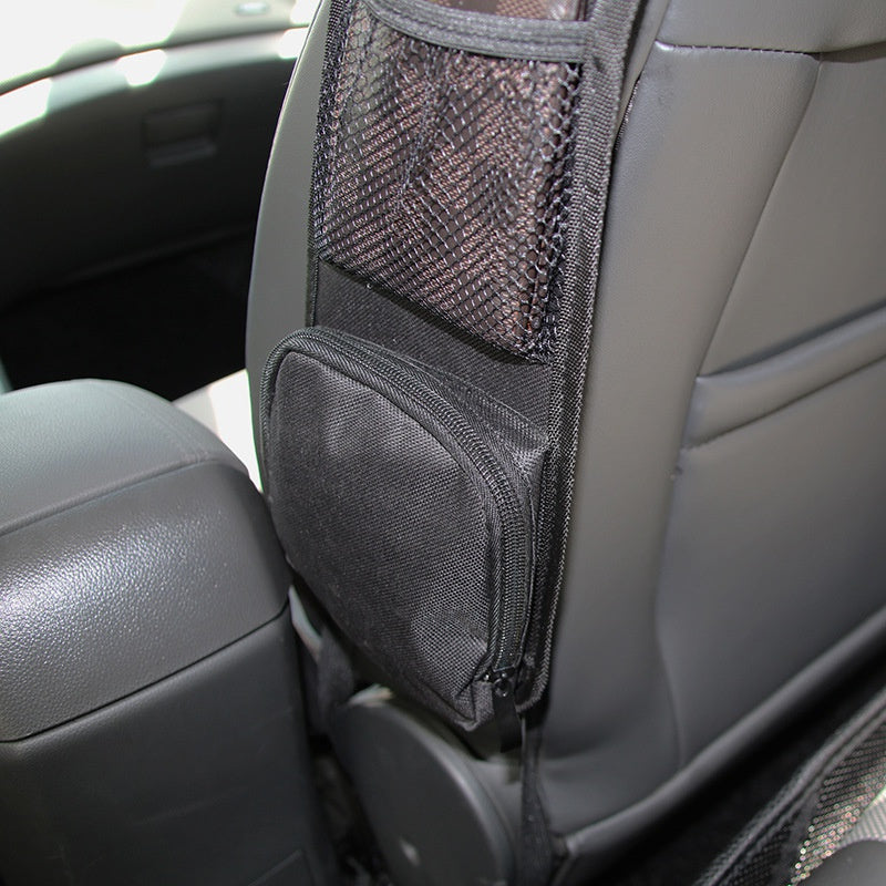 Black Nylon Car Seat Organizer with Mesh Pockets for Vehicle Storage