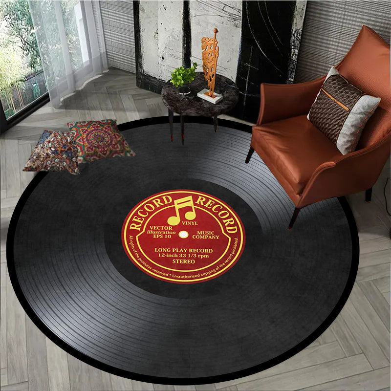 Vinyl Record-Inspired Round Area Rug Plush Sponge Material 1.2cm Thick for Living Room Bedroom