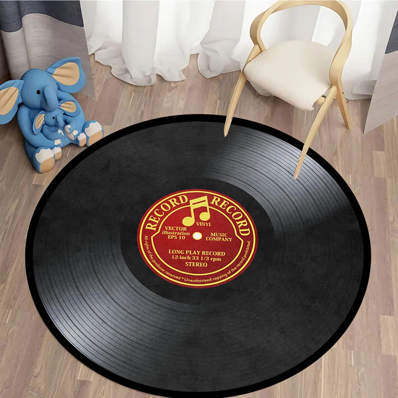 Vinyl Record-Inspired Round Area Rug Plush Sponge Material 1.2cm Thick for Living Room Bedroom