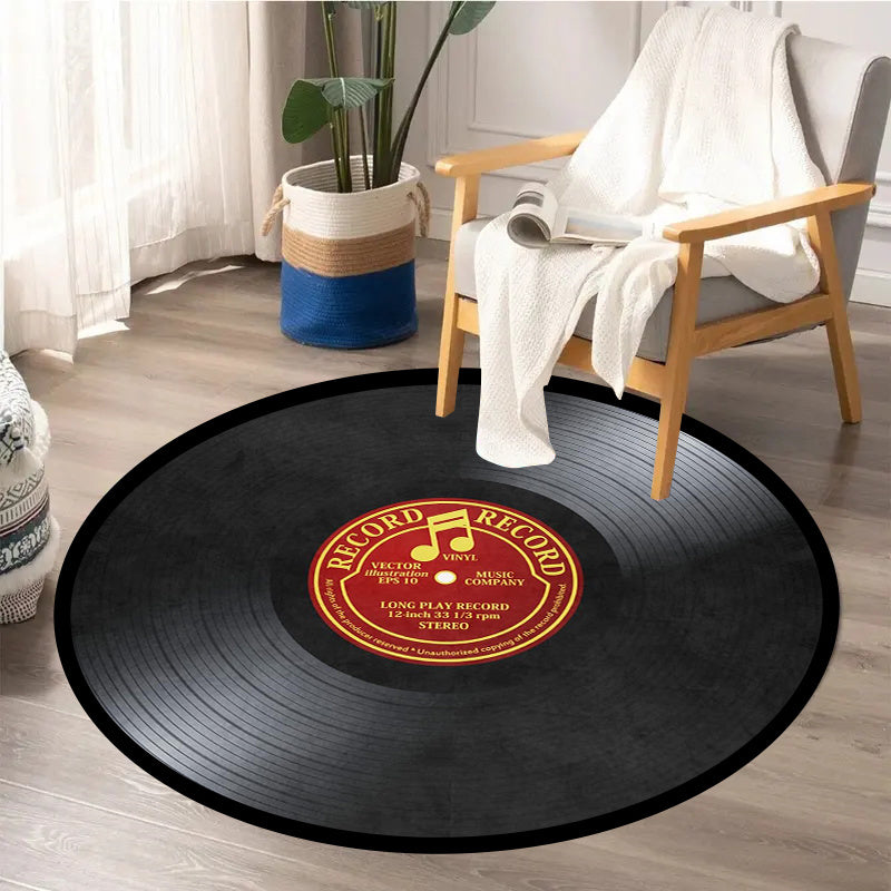 Vinyl Record-Inspired Round Area Rug Plush Sponge Material 1.2cm Thick for Living Room Bedroom