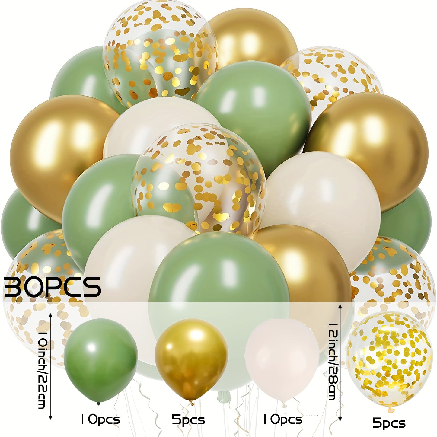 30-Piece Green White Gold Confetti Latex Balloons for Weddings Birthdays and Celebrations