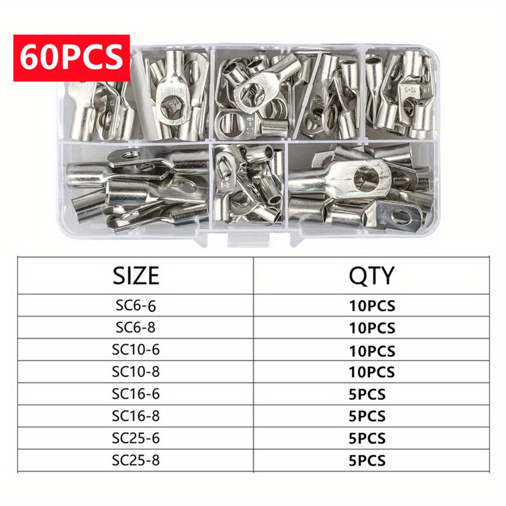 60pcs Tinned Copper Electrical Terminals Set with Storage Box for Battery and Wire Connections