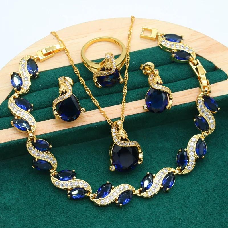 Vintage 4-Piece Jewelry Set with Blue Artificial Gemstones 18K Gold Plated for Women