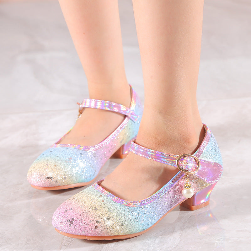 Girls' Unicorn-Inspired Glittery Pastel Mary Jane Shoes with Bow and Rubber Sole