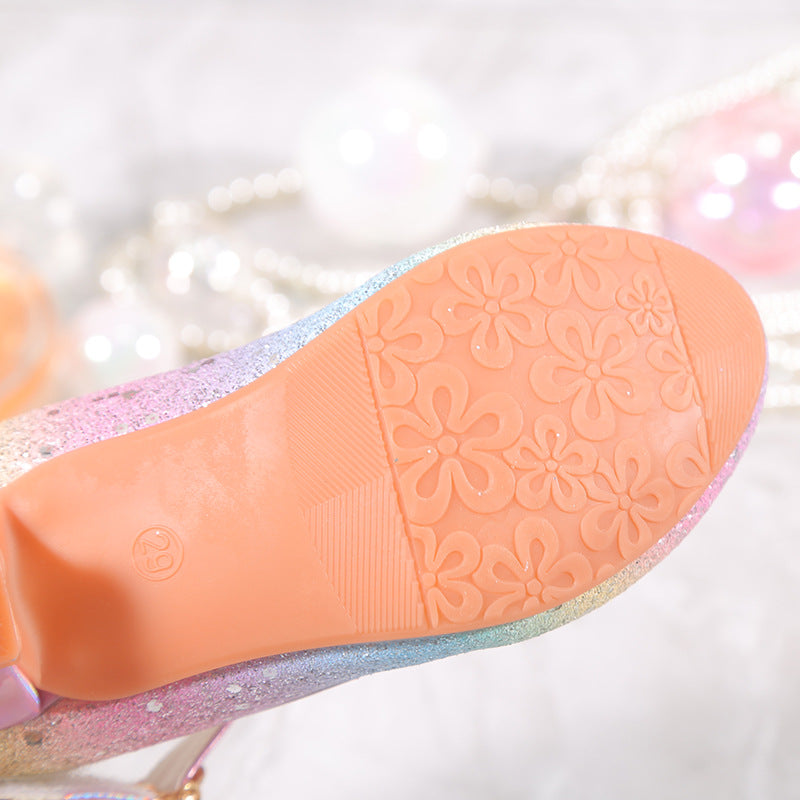 Girls' Unicorn-Inspired Glittery Pastel Mary Jane Shoes with Bow and Rubber Sole