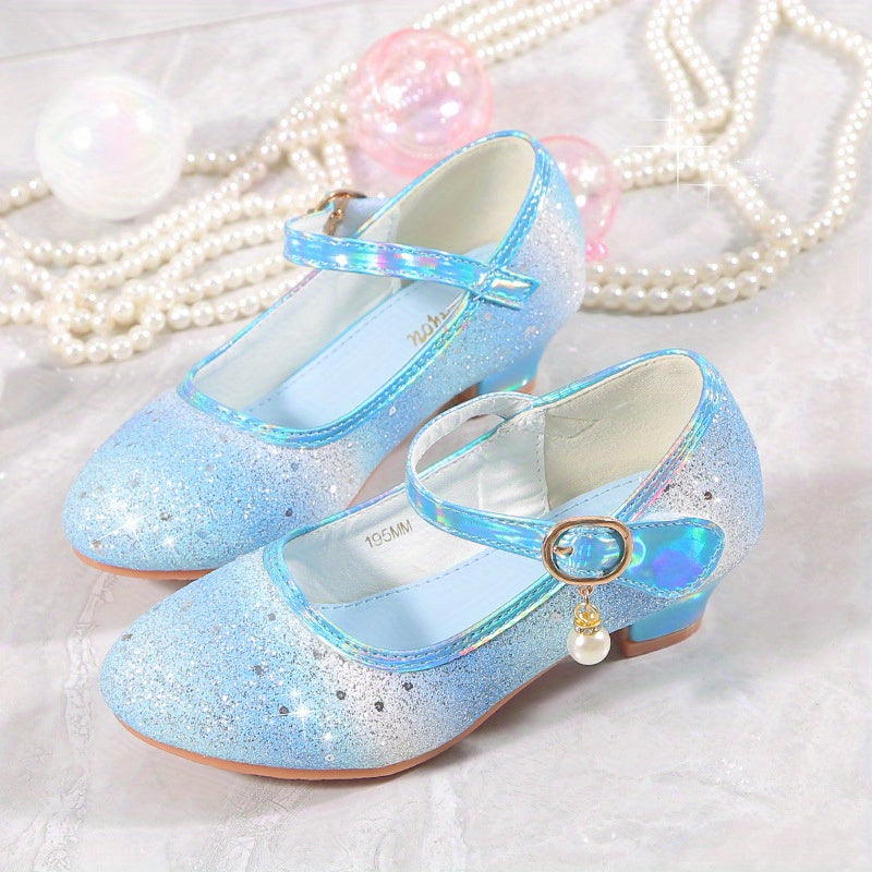 Girls' Unicorn-Inspired Glittery Pastel Mary Jane Shoes with Bow and Rubber Sole