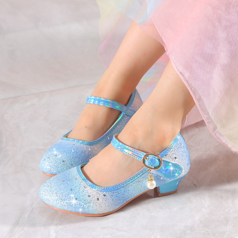 Girls' Unicorn-Inspired Glittery Pastel Mary Jane Shoes with Bow and Rubber Sole