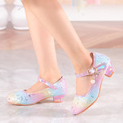 Girls' Unicorn-Inspired Glittery Pastel Mary Jane Shoes with Bow and Rubber Sole