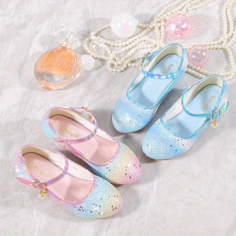 Girls' Unicorn-Inspired Glittery Pastel Mary Jane Shoes with Bow and Rubber Sole