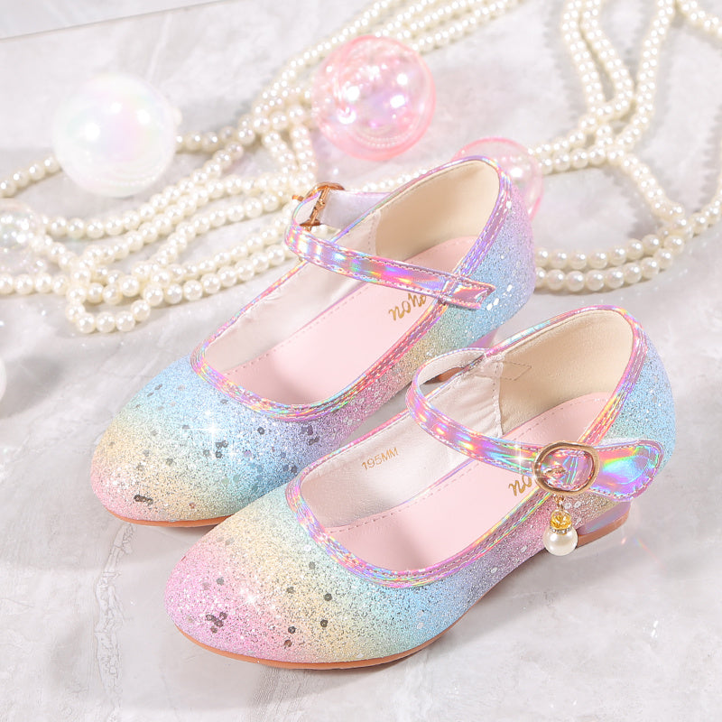 Girls' Unicorn-Inspired Glittery Pastel Mary Jane Shoes with Bow and Rubber Sole