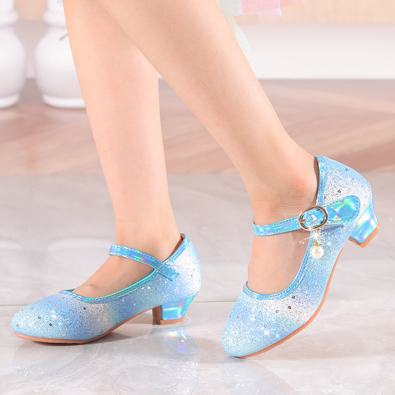 Girls' Unicorn-Inspired Glittery Pastel Mary Jane Shoes with Bow and Rubber Sole