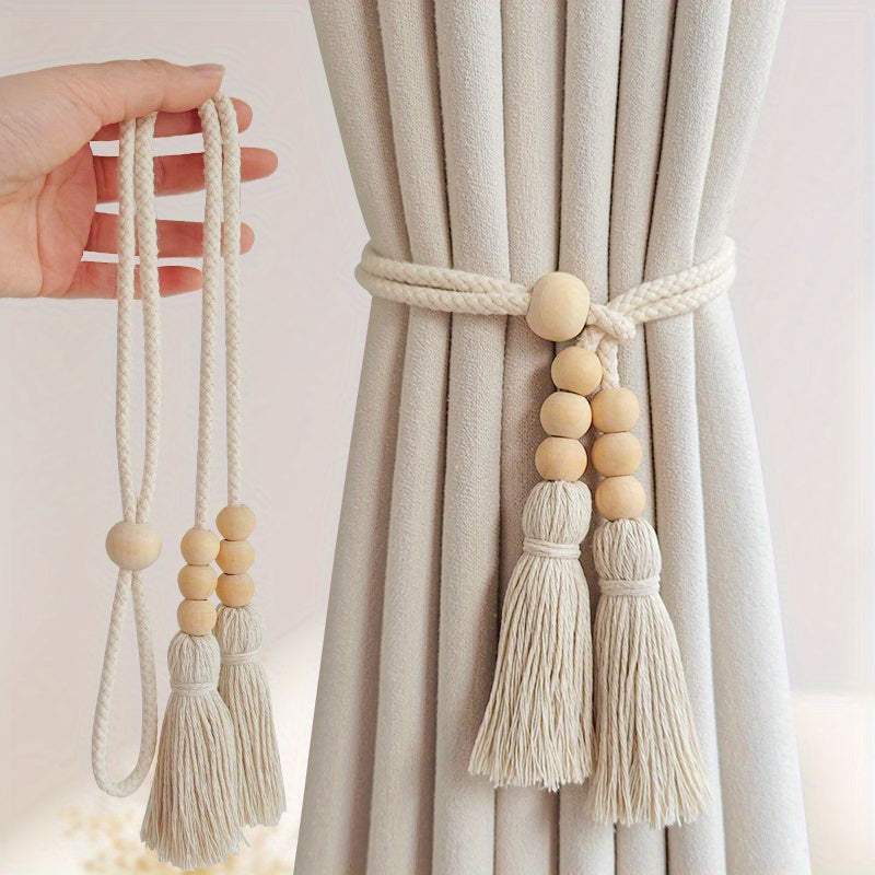 Set of 2 Bohemian Wooden Beaded Curtain Tiebacks with Tassels for Living Room Bedroom Kitchen