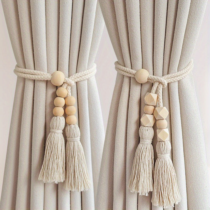 Set of 2 Bohemian Wooden Beaded Curtain Tiebacks with Tassels for Living Room Bedroom Kitchen