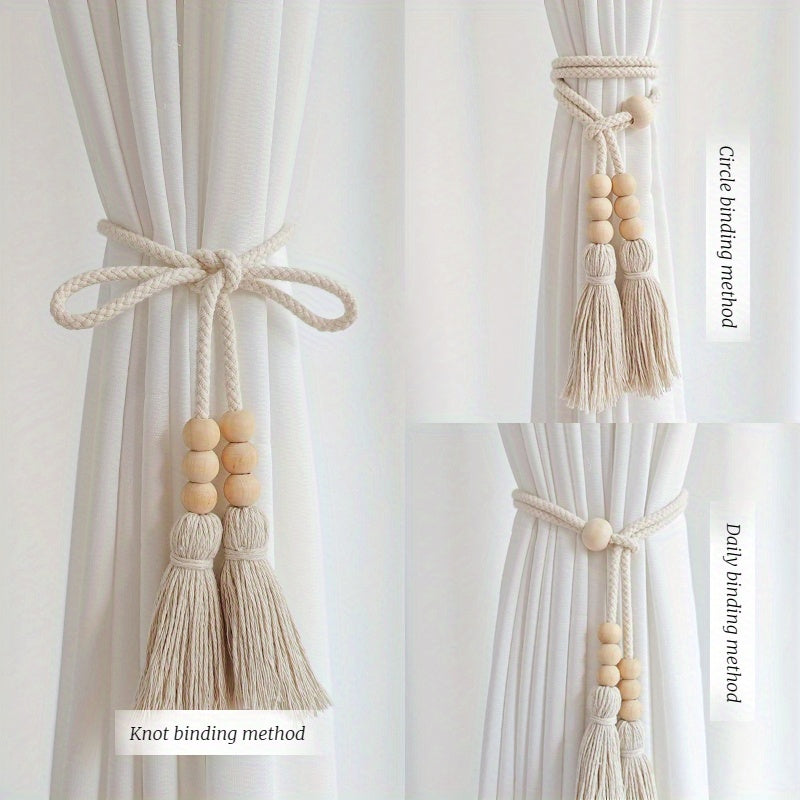 Set of 2 Bohemian Wooden Beaded Curtain Tiebacks with Tassels for Living Room Bedroom Kitchen