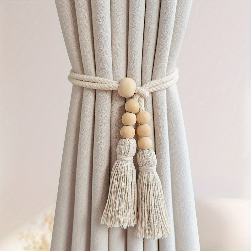Set of 2 Bohemian Wooden Beaded Curtain Tiebacks with Tassels for Living Room Bedroom Kitchen