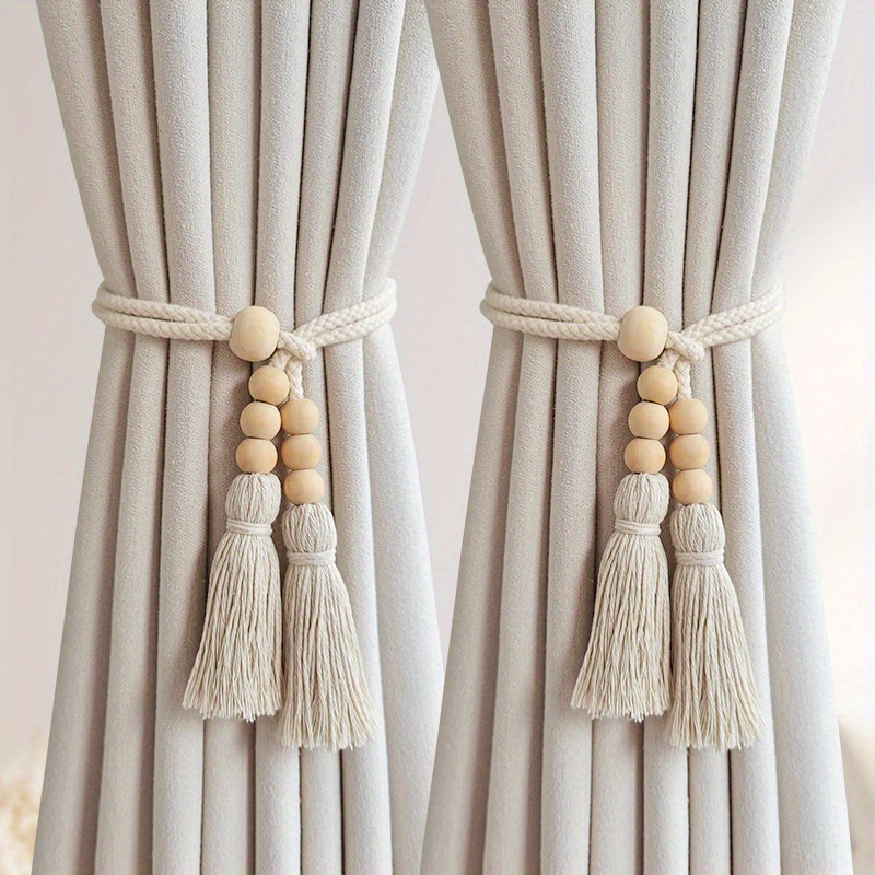 Set of 2 Bohemian Wooden Beaded Curtain Tiebacks with Tassels for Living Room Bedroom Kitchen