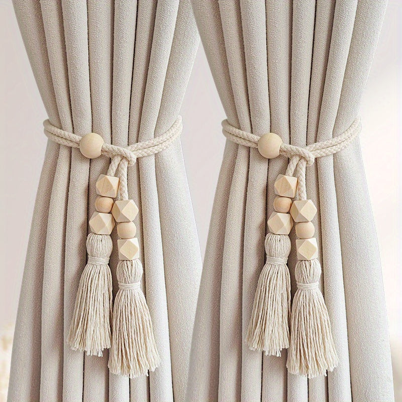 Set of 2 Bohemian Wooden Beaded Curtain Tiebacks with Tassels for Living Room Bedroom Kitchen