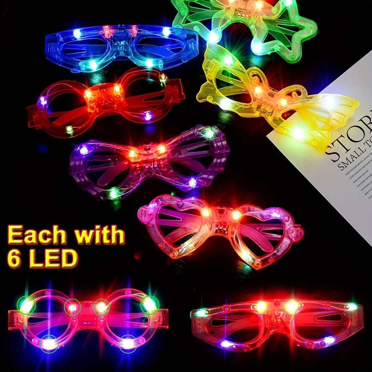 LED Light-Up Glasses with 6 Shapes, Includes 3 Batteries, for Parties and Events