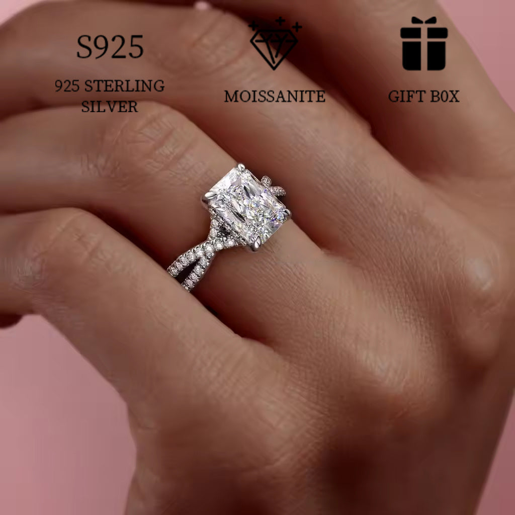 To‘g‘ri burchakli Moissanite to‘y uzuk - Taklif va yubiley uchun mukammal, gippoallergen kesish shank, Boho uslubi, Ayollar uchun nafis S925 sterling kumush zargarlik buyumlari, Sovg‘a qutisi bilan birga keladi.