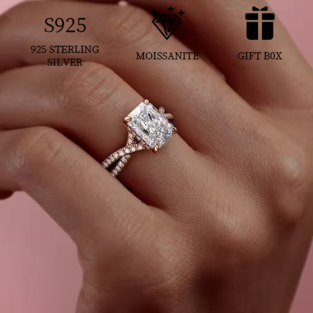 To‘g‘ri burchakli Moissanite to‘y uzuk - Taklif va yubiley uchun mukammal, gippoallergen kesish shank, Boho uslubi, Ayollar uchun nafis S925 sterling kumush zargarlik buyumlari, Sovg‘a qutisi bilan birga keladi.
